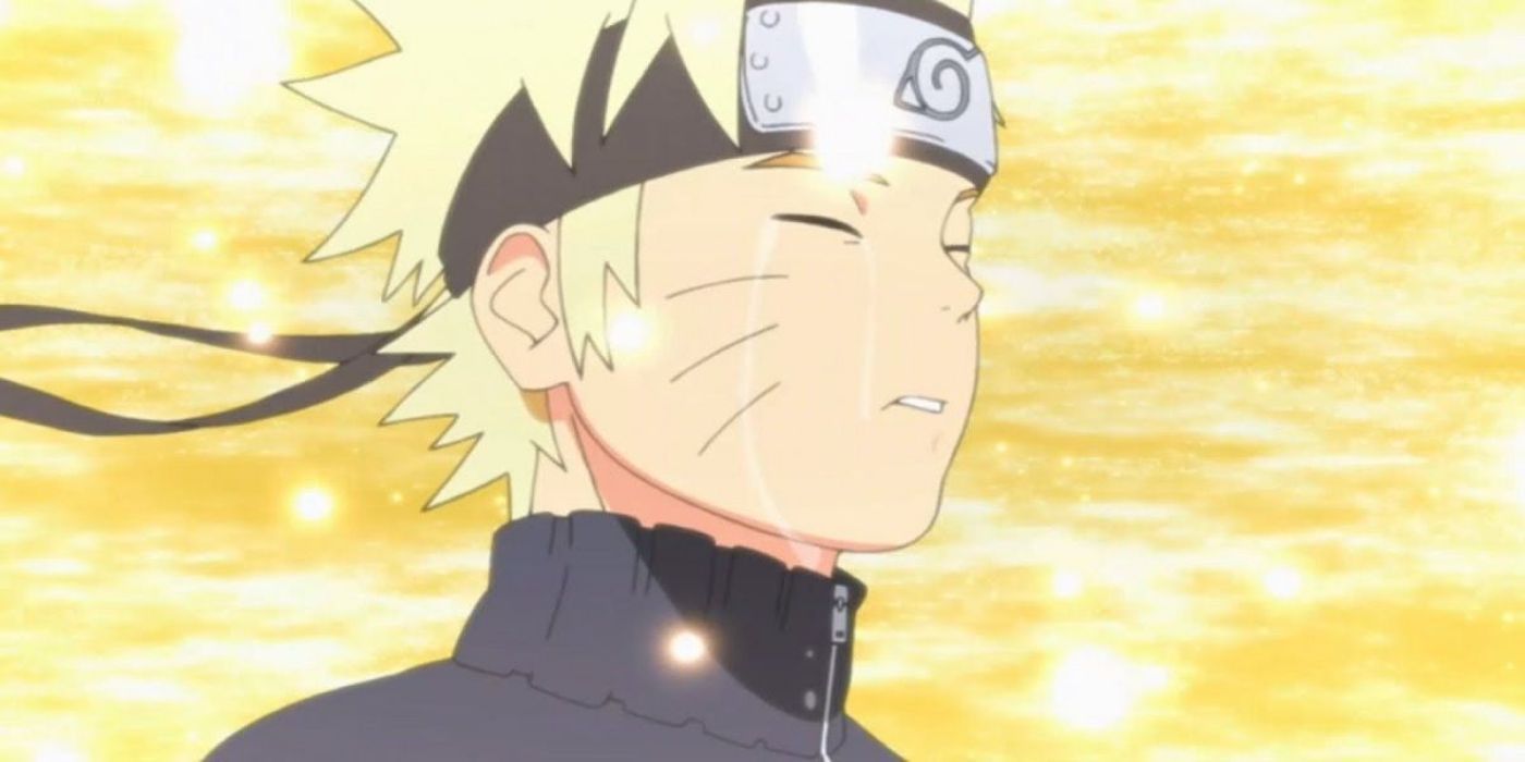 Naruto is crying after meeting his parents while standing in front of a yellow background in Naruto: Shippuden.