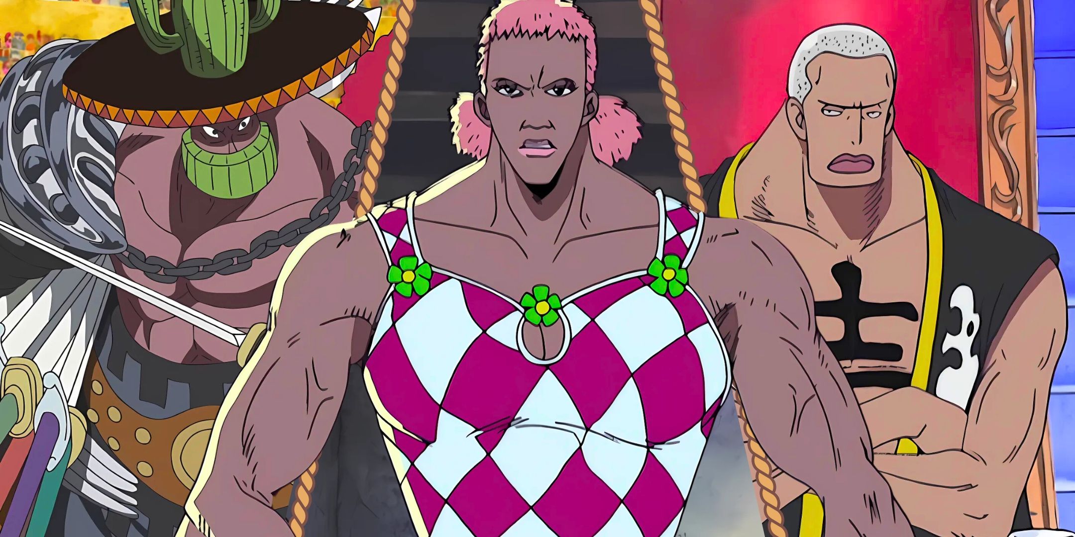 A split image of Miss Monday, Daz Bones and Jean Ango from One Piece