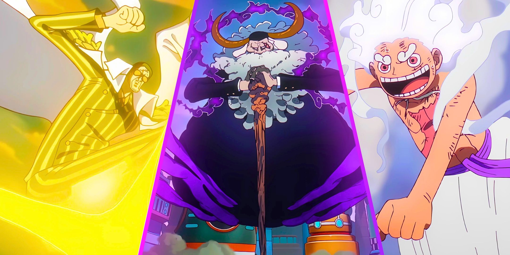 An image divided from Kizaru, St. Saturn and Gear 5 Luffy from One Piece 1128