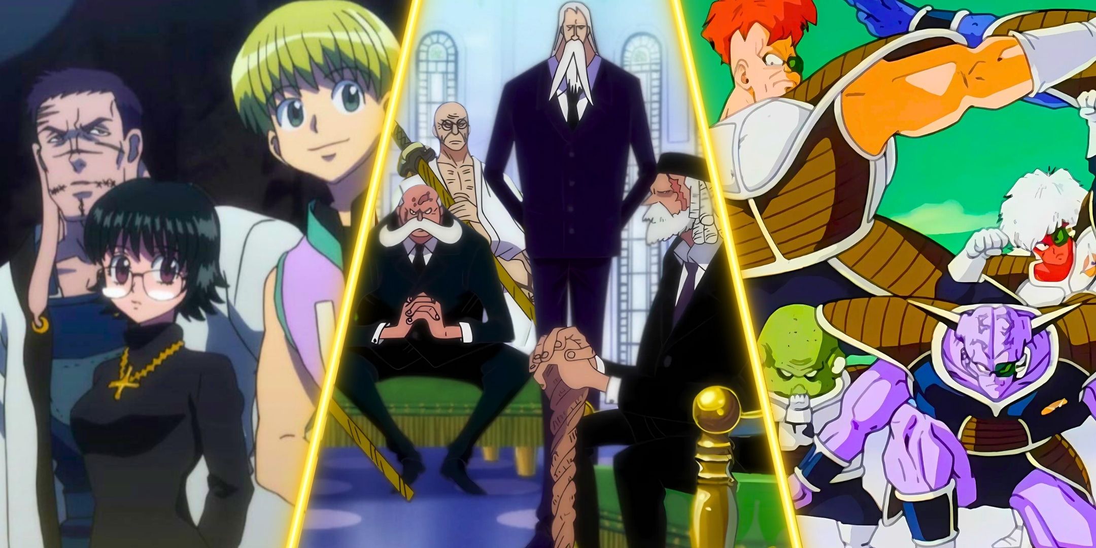 An image divided from the members of the Phantom troupe, five alumni of One Piece and the members of Ginyu Force Dragon Ball Z