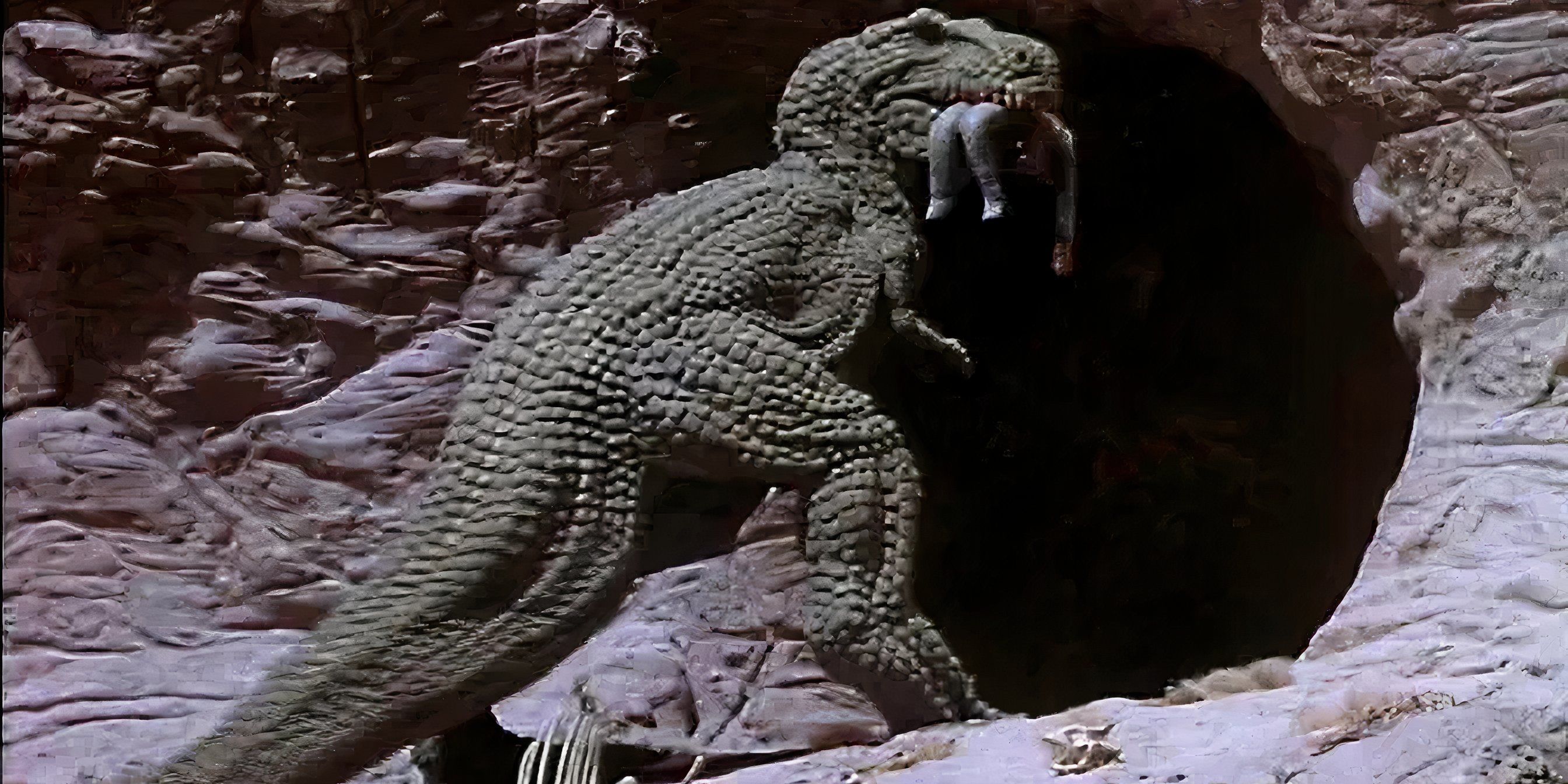 Un dinosaurio cargando a una persona en su boca en Planeta de Dinosaurios