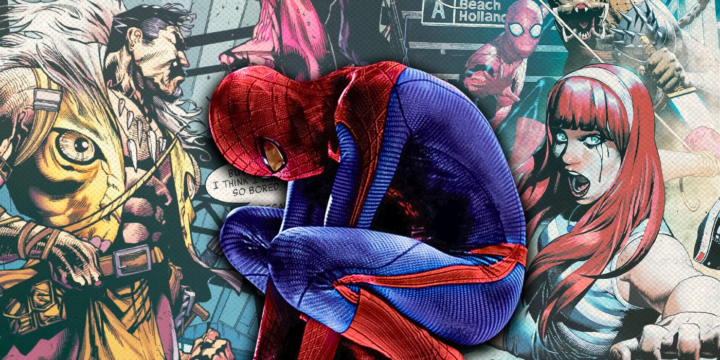 Sad Spider-Man in the front with Predator new comic on the background