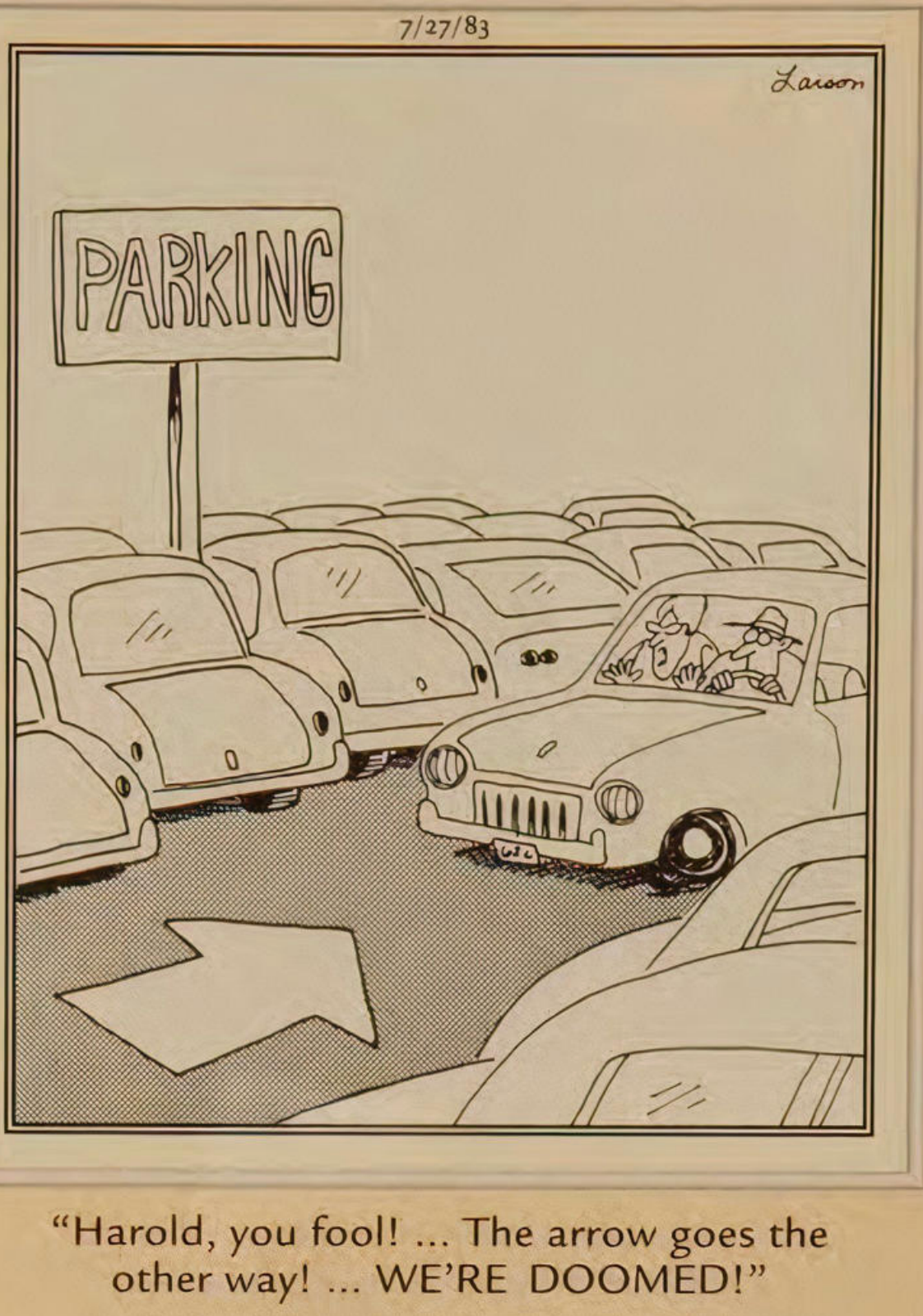 Harold drives his wife the wrong way in a parking lot in The Far Side