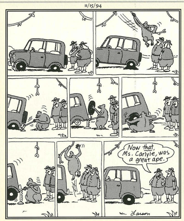 A great ape changes a tire in The Far Side
