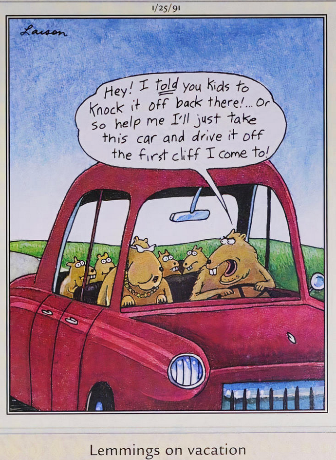 A family of lemmings drives in The Far Side