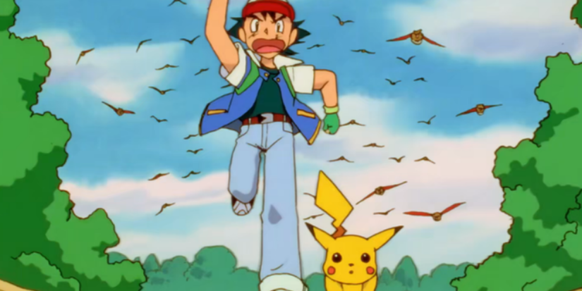 Ash Ketchum and Pikachu run from a mob of Spearows in the original Pokémon anime's first episode, "I Choose You!"
