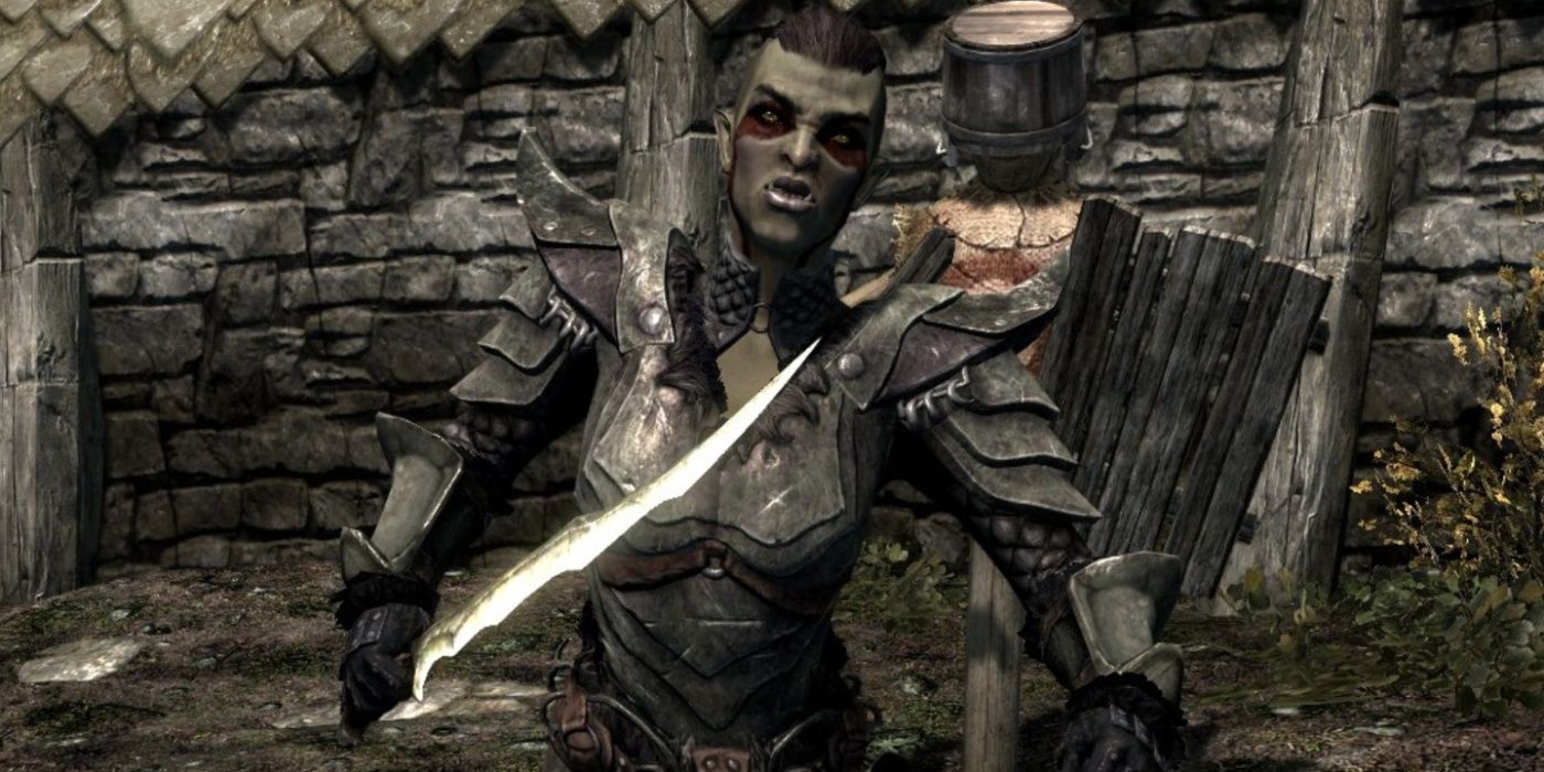 The Orc Borgakh looks at the player with his sword drawn and standing in front of a training model.