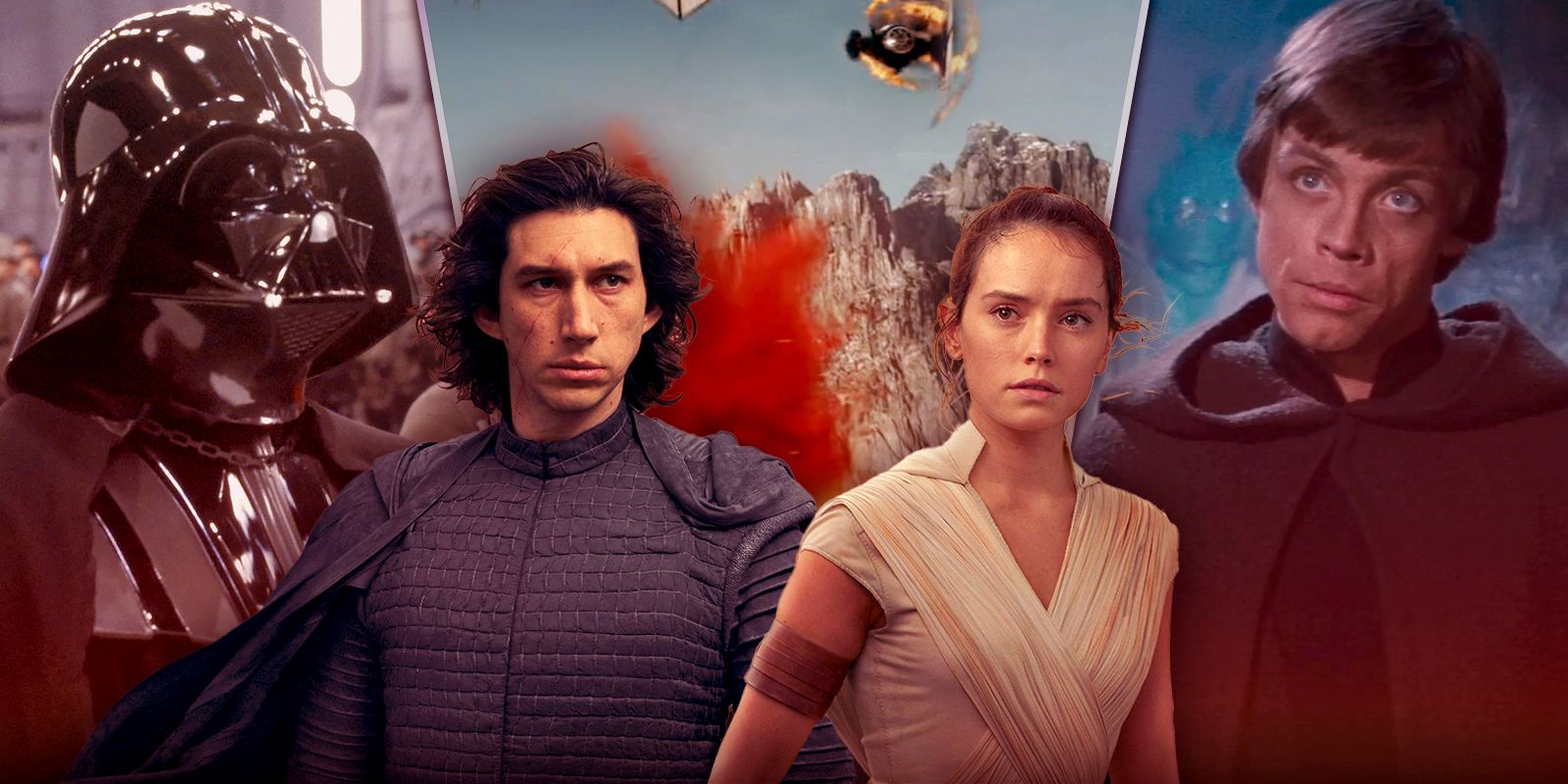 Star-wars'-noriginal -the-lalast-CIn'-is-way-better-than-fans-record con Rey y Kylo con escenas del regreso de Jedi en el fondo