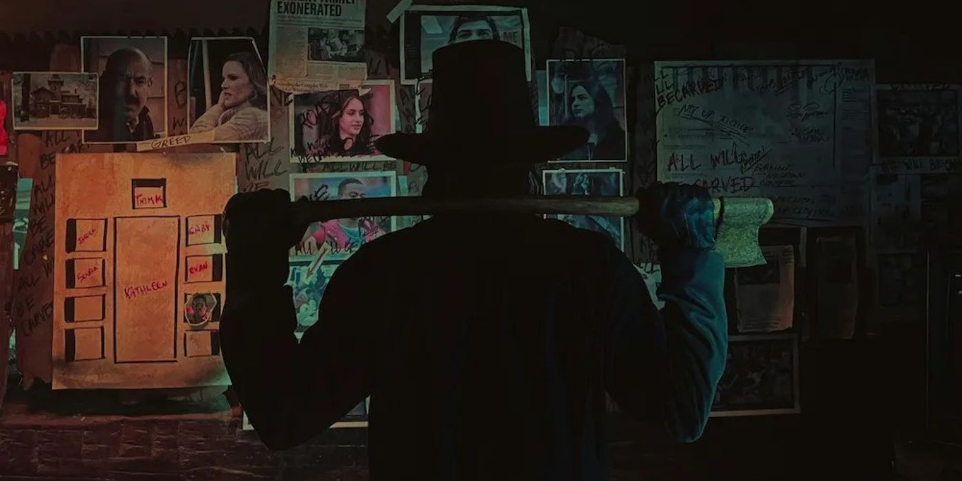 The John Carver killer looking at his research wall holding his axe from the movie Thanksgiving (2023)