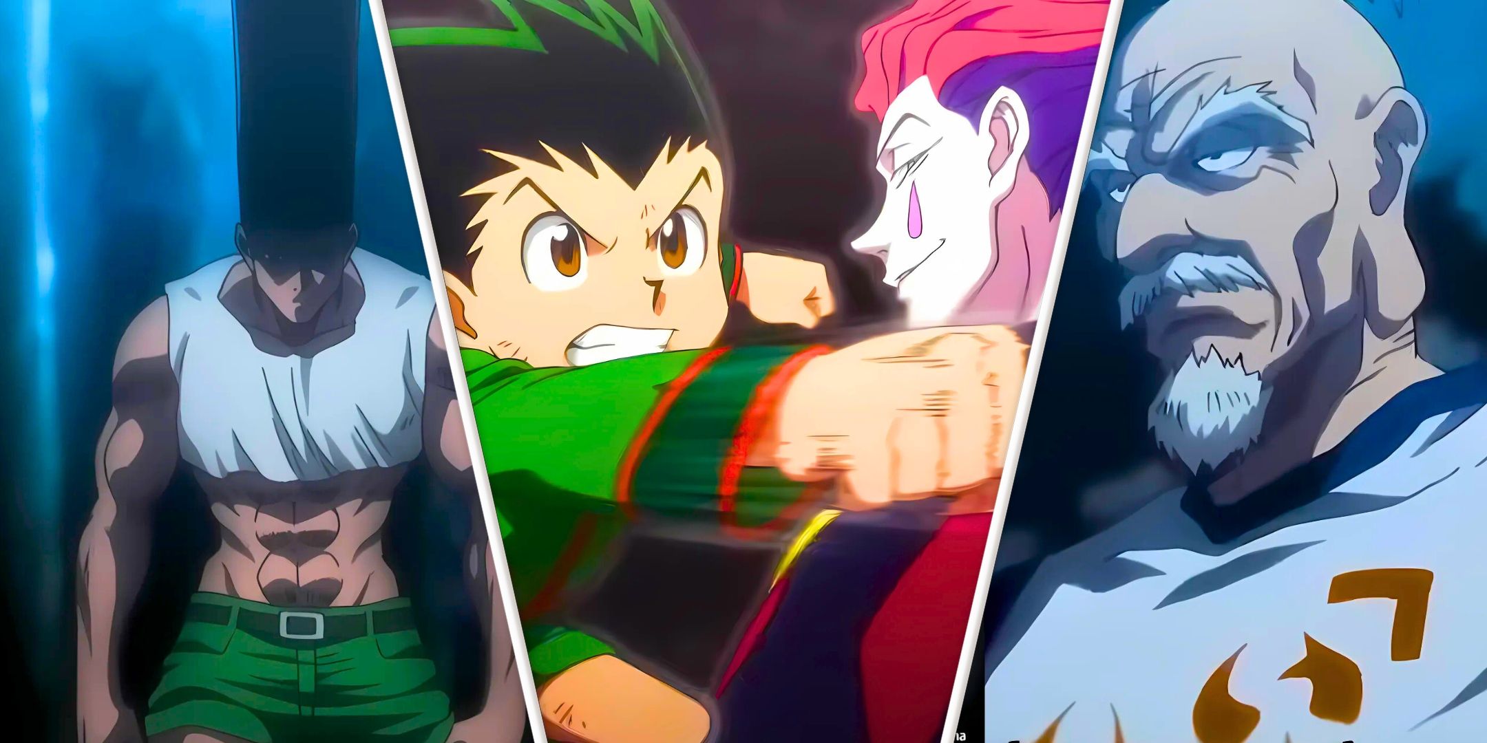 A split image of Adult Gon, Gon vs Hisoka and Netero from the Greatest Fights in the Hunter x Hunter Franchise