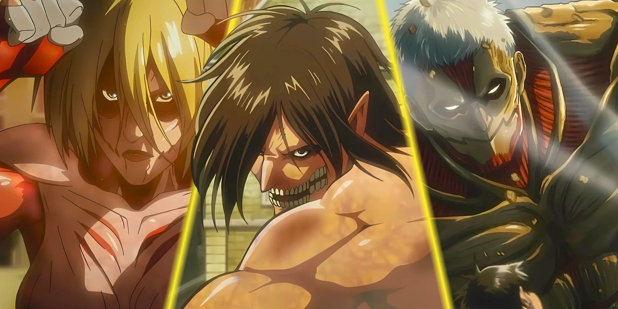 A split image featuring Female Titan, Eren's Attack Titan and the Armored Titan from Attack On Titan
