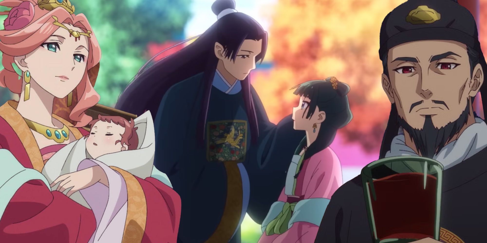 El collage de los diarios de los boticarios con Gyokuyou, Jinshi y Maomao, y el Emperador