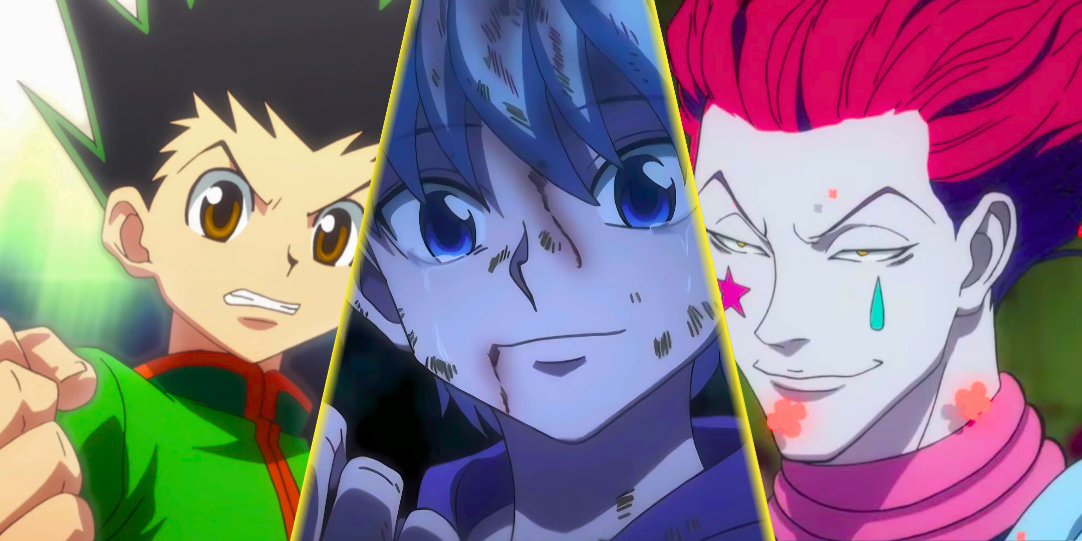 A split image of Gon, Killua and Hisoka from Hunter x Hunter