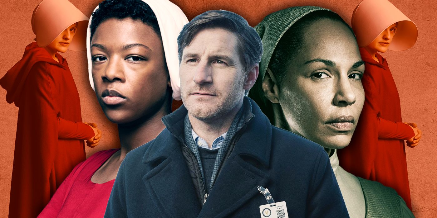 Moira in handmaid's uniform, Mark and Rita in handmaid's uniform from The Handmaid's Tale TV show