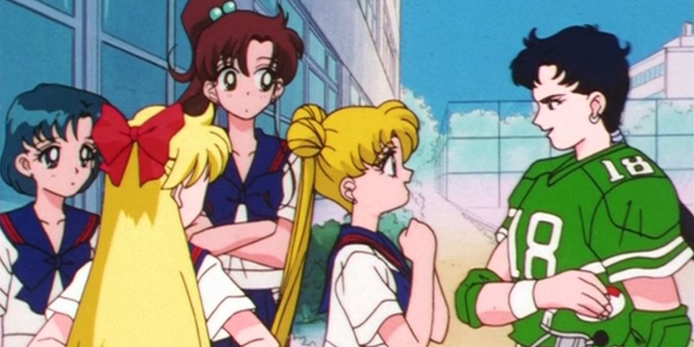 The Inner Sailor Guardians watching, intrigued, as Usagi flirts with Seiya in Sailor Moon