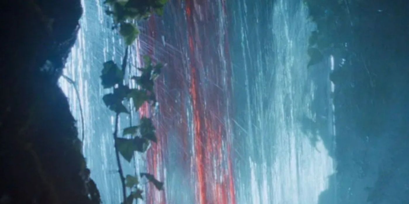 Blood pouring down the waterfall after the T-Rex claims its victim in The Lost World: Jurassic Park.