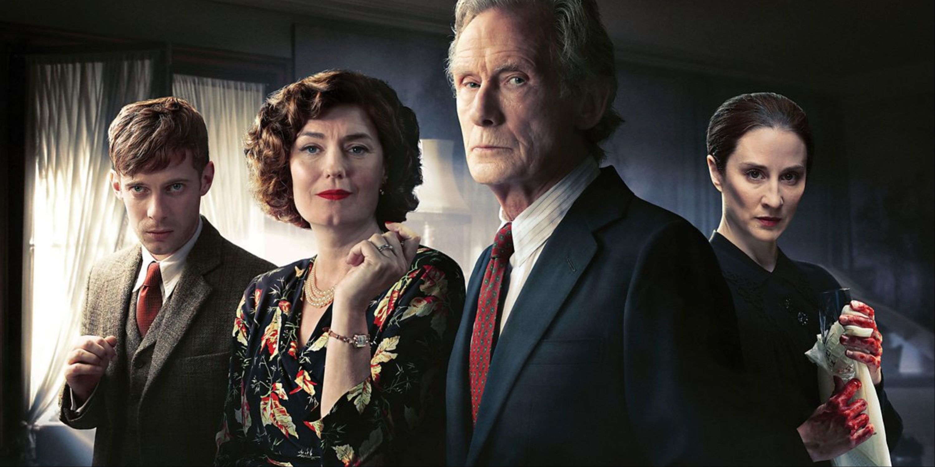 El elenco principal de Ordeal by Innocence en un póster promocional