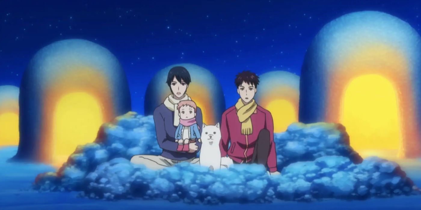 Los personajes principales sentados juntos en Elegant Yokai Apartment Life.