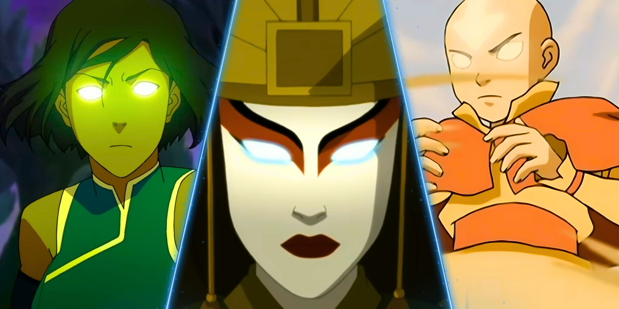 A divided image of Avatar Aang, Avatar Kyoshi and Avatar Korra d'Avatar: The Last Airbender