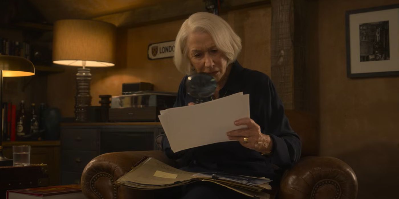 Helen Mirren in The Thursday Murder Club reading from a paper.Image via Netflix