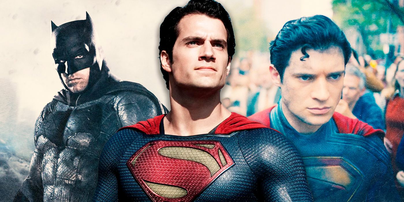 Henry Cavill's Superman in the center with images from James Gunn's Superman and Ben Affleck's Batman
