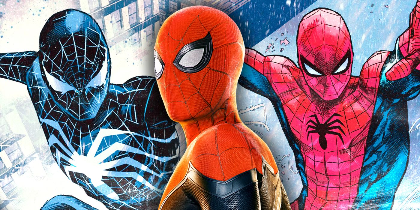 Tom Holland Spider-Man with the comic strip Ultimate Spider-Man in the background