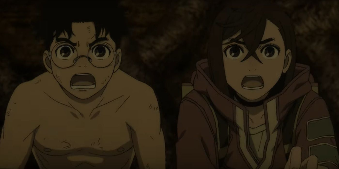 Momo and Okarun in Dandadan anime Season 2 looking shocked