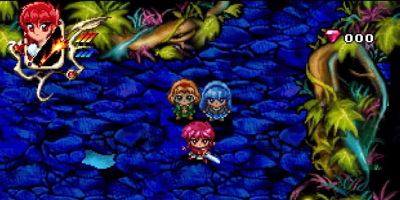 A screenshot from the Magic Knight Rayearth game with the three main characters