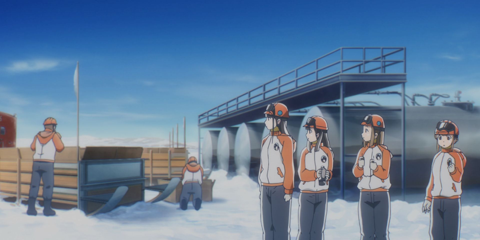 The four main characters of a place further than the universe looking at snow mobiles.