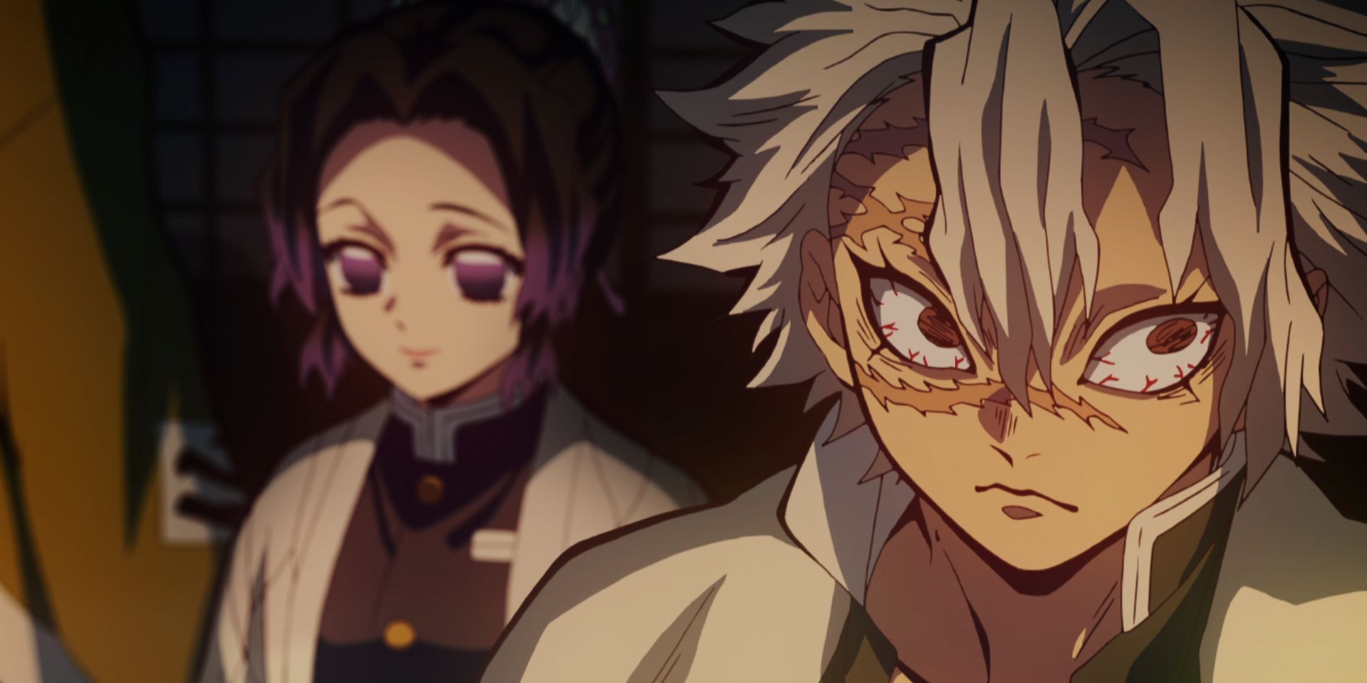 Shinobu se sienta detrás de Sanemi durante una Reunión de Hashira en Demon Slayer.