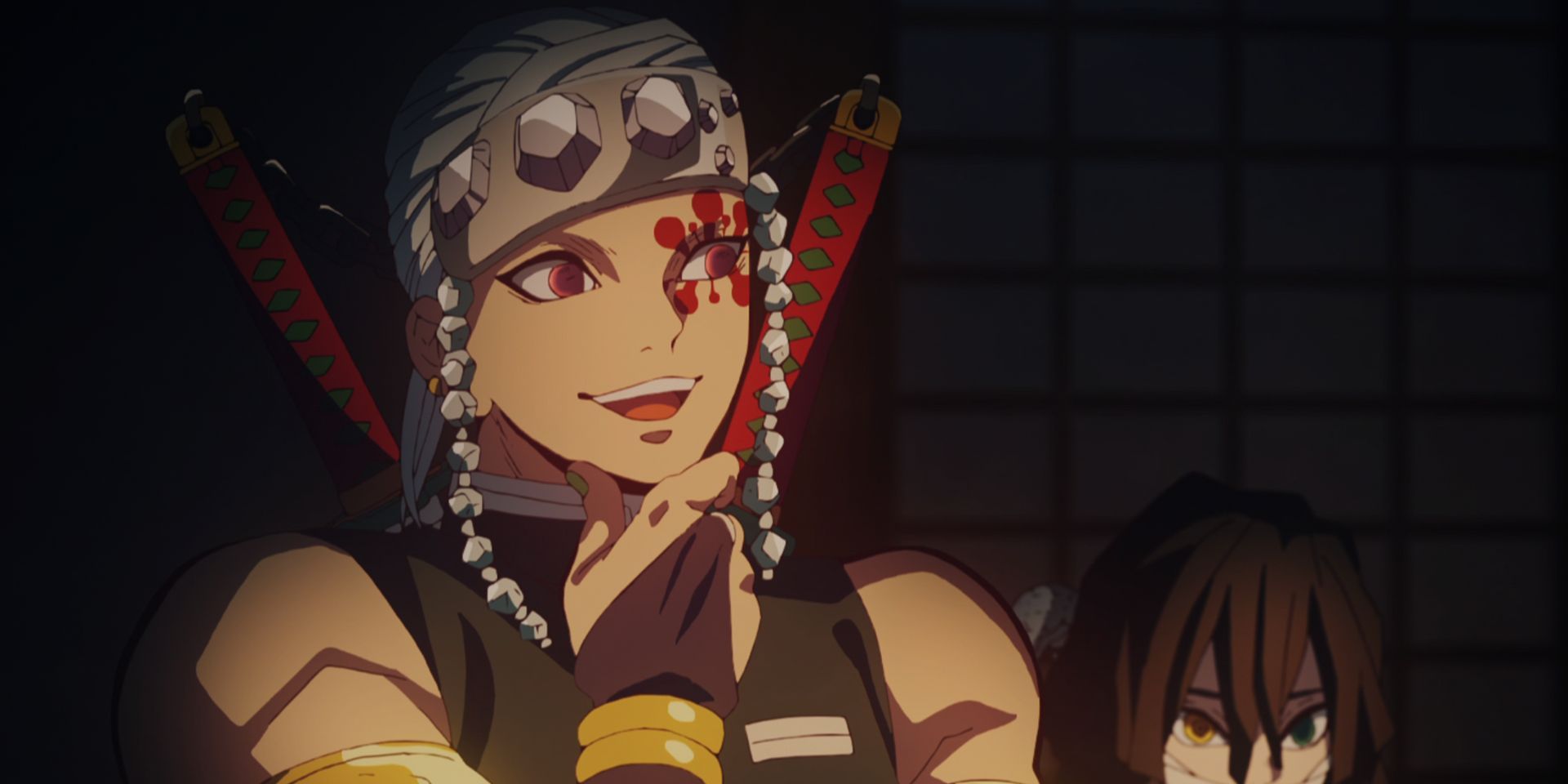 Tengen se toca la barbilla mientras Obanai se sienta detrás de él en Demon Slayer.