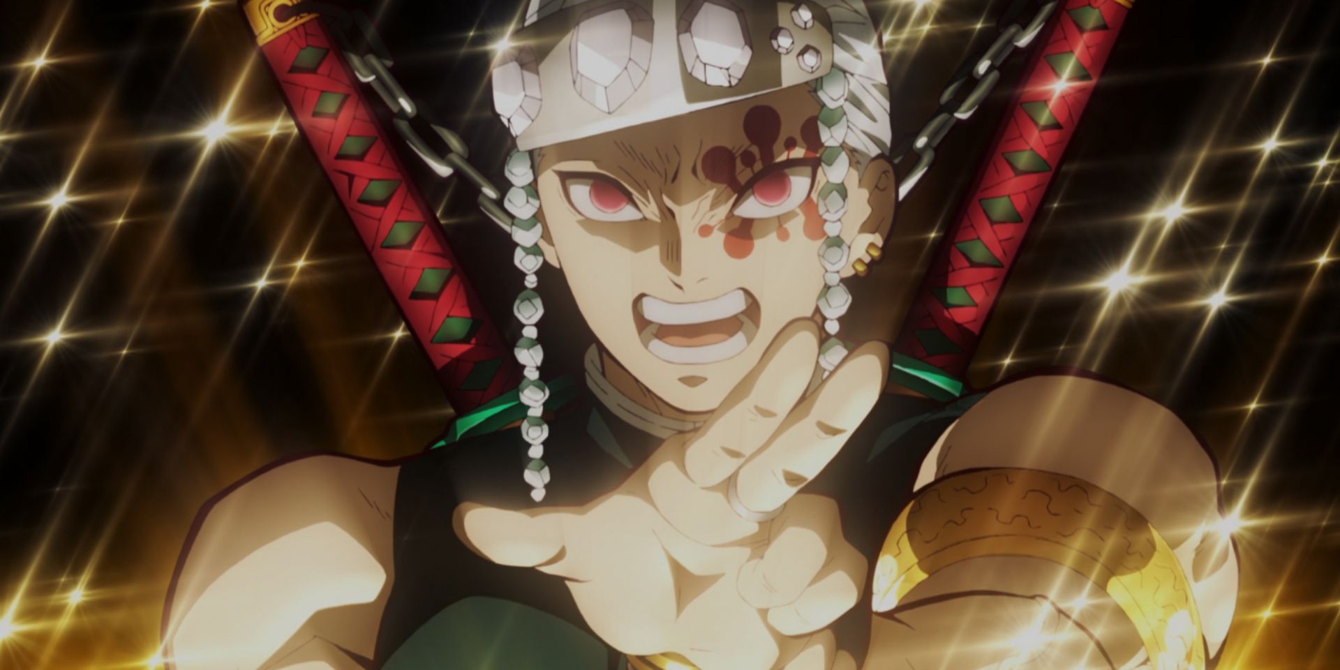 Tengen se pone en posición de combate mientras destellos brillan a su alrededor en Demon Slayer.