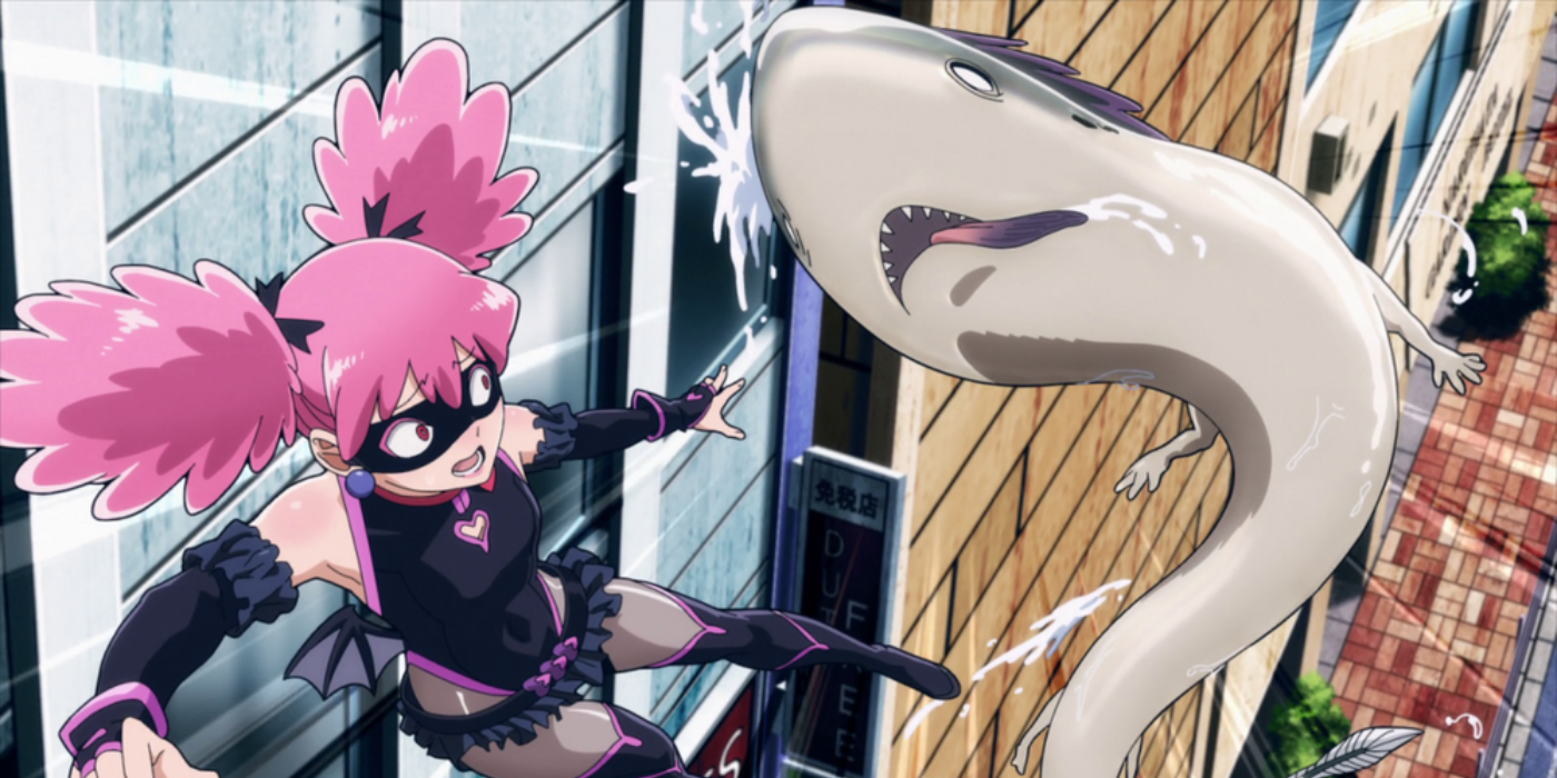 Pop Step trying to escape from a transformed Teruo Unagisawa from My Hero Academia: Vigilantes.