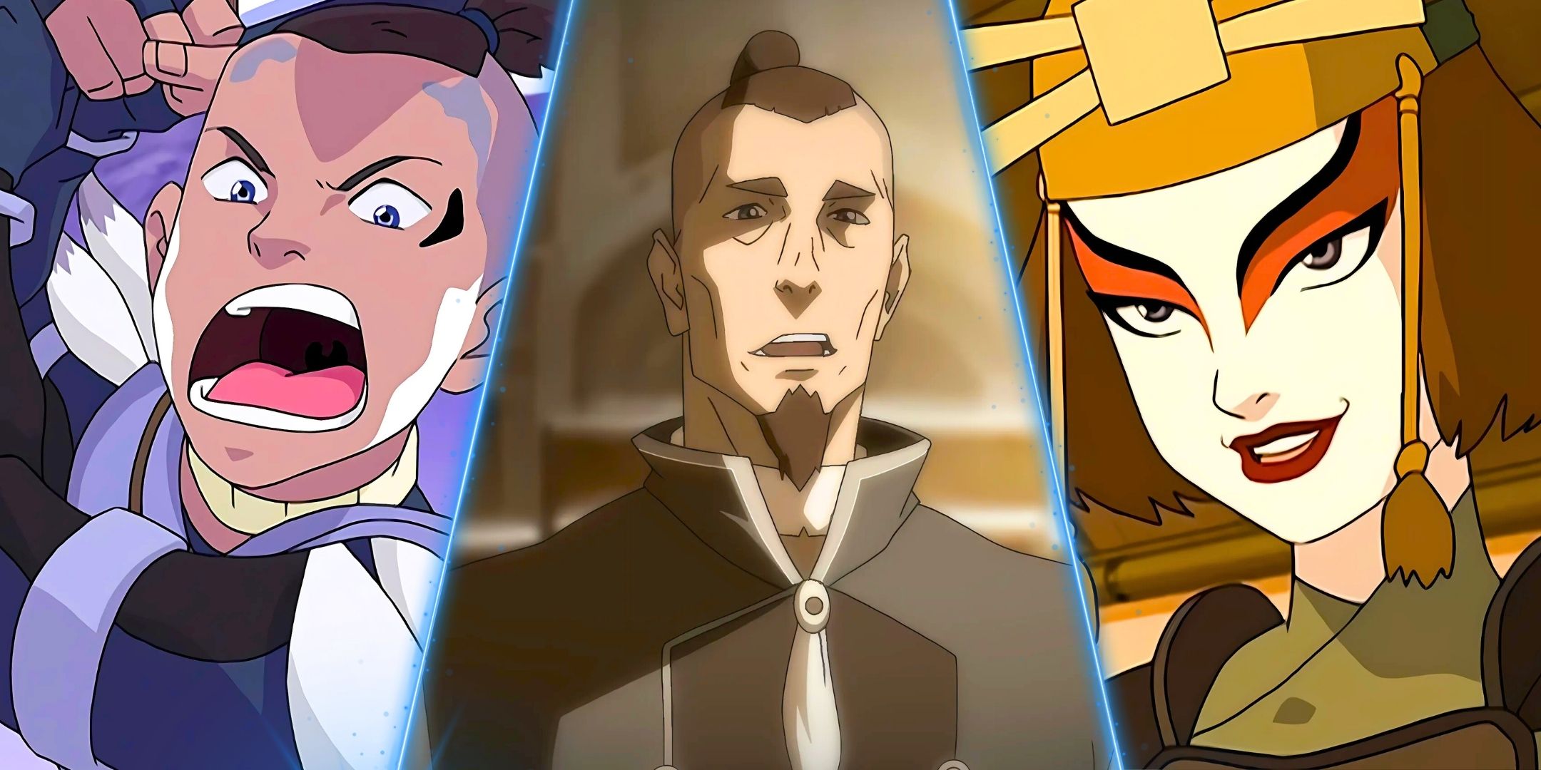 A divided image of teenager Sokka, Sokka Adult and Suki the Kyoshi Warrior of Avatar: The Last Airbender and the Legend of Korra
