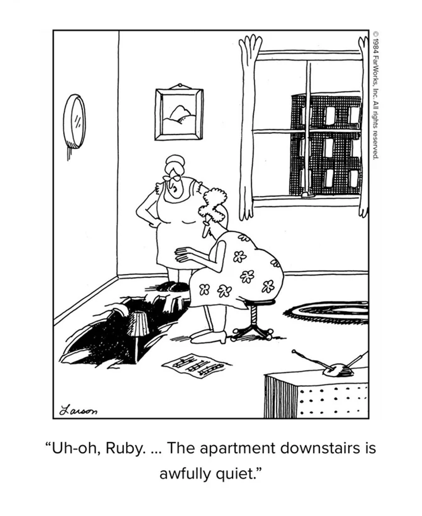Ruby dejó caer un piano sobre sus vecinos de abajo en The Far Side