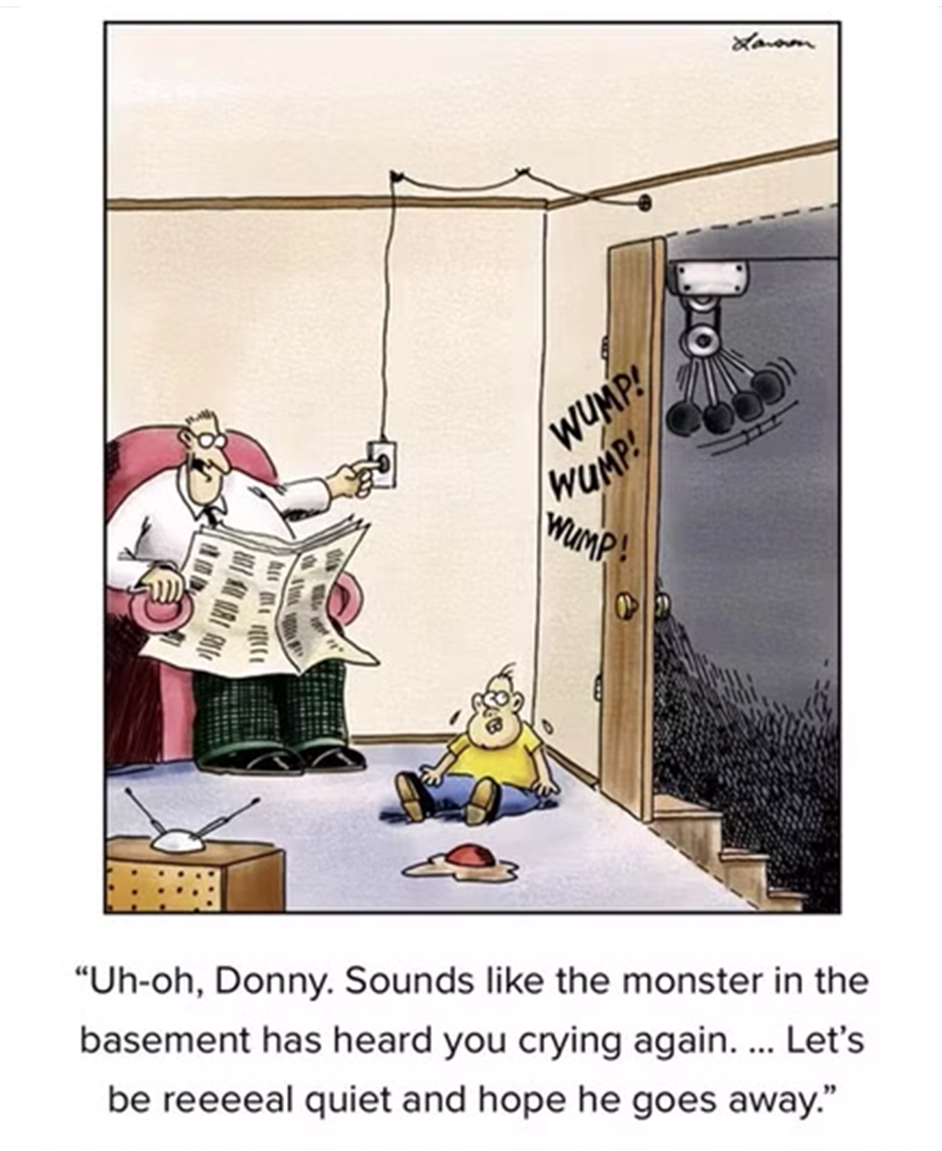 Un monstruo golpea la puerta del armario de Donny en The Far Side