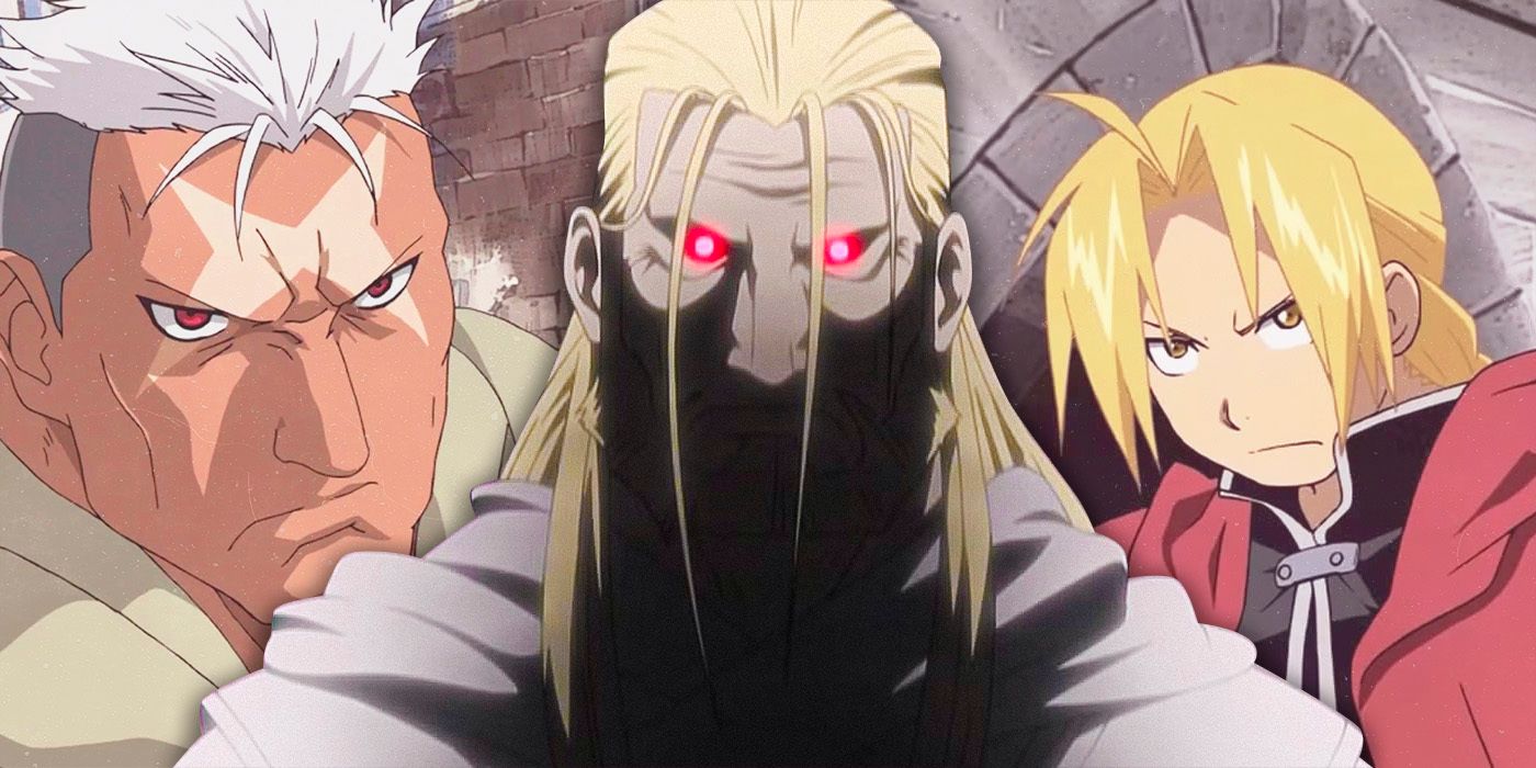 Father with brilliant red eyes, scar from Ishvalan and Edward Elric of the full alchemist anime