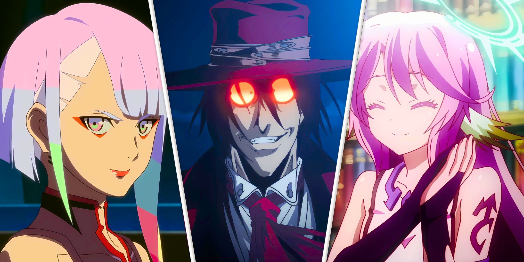 A split image of Jibril from No Game No Life, Alucard from Hellsing Ultimate, and Lucy from Cyberpunk: Edgerunners.