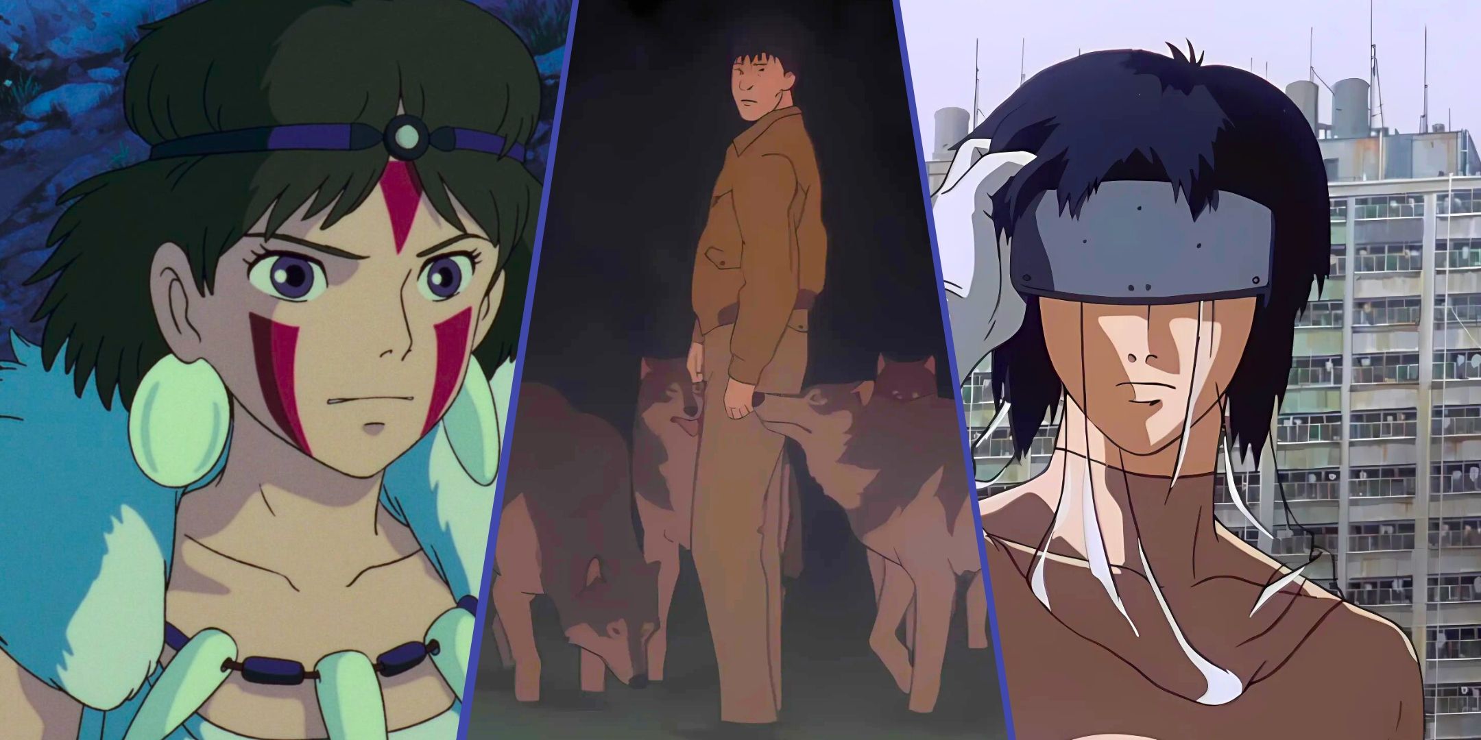 A split image of Princess Mononoke, Ghost in the shell and Jin-roh