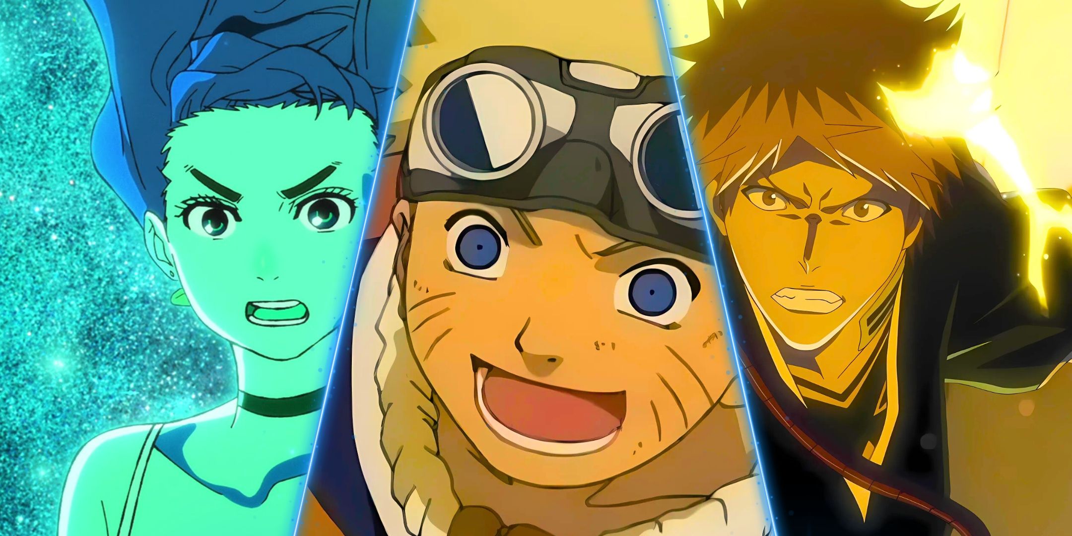 A split image featuring Ichigo Kurosaki (TYBW version) from Bleach, Momo Ayase from Dandadan and Naruto Uzumaki with goggles.