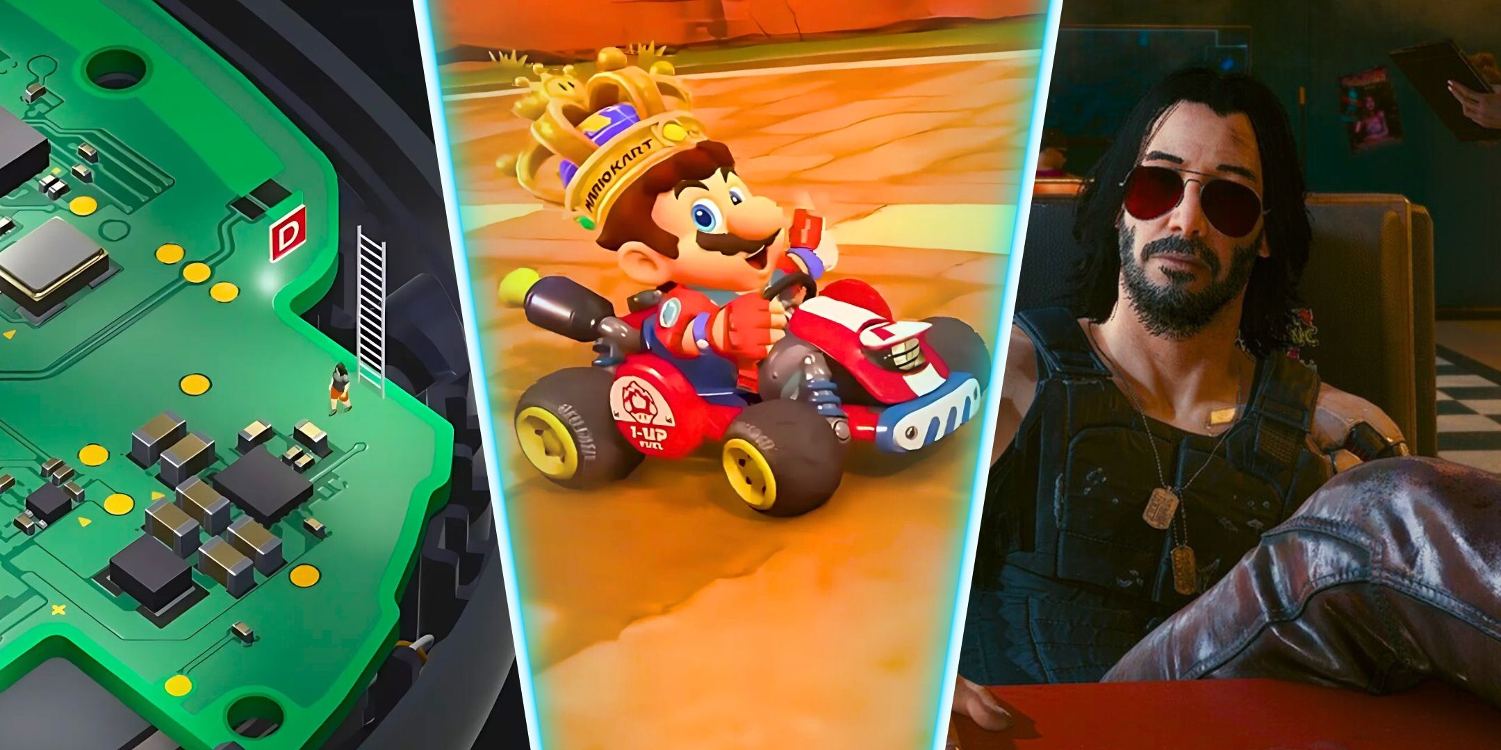 A split image with Nintendo Welcome Tour, Mario Kart World, and Cyberpunk 2077
