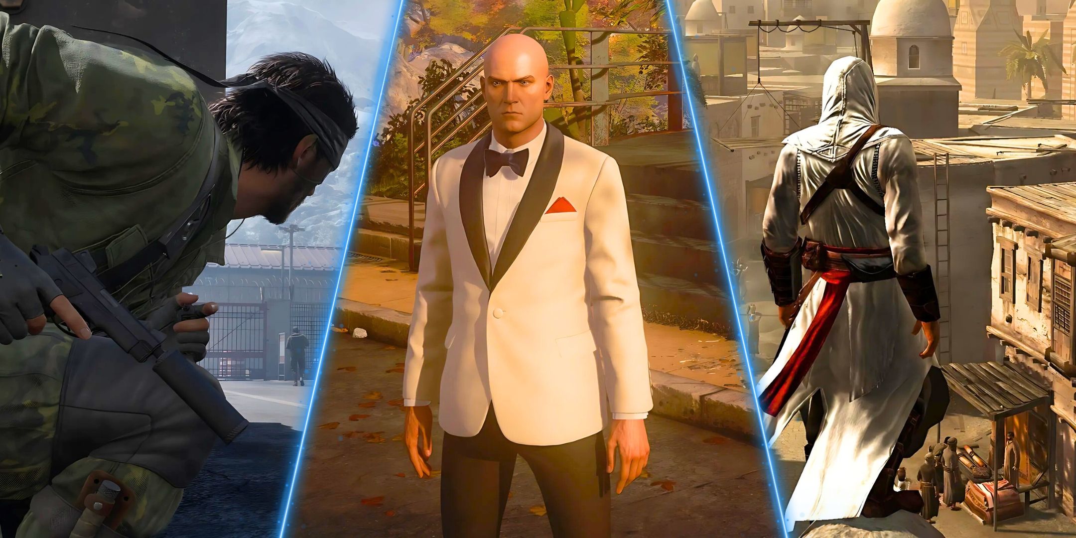 A split image featuring Assassin's Creed, Metal Gear Solid Delta: Snake Eater, and Hitman 3