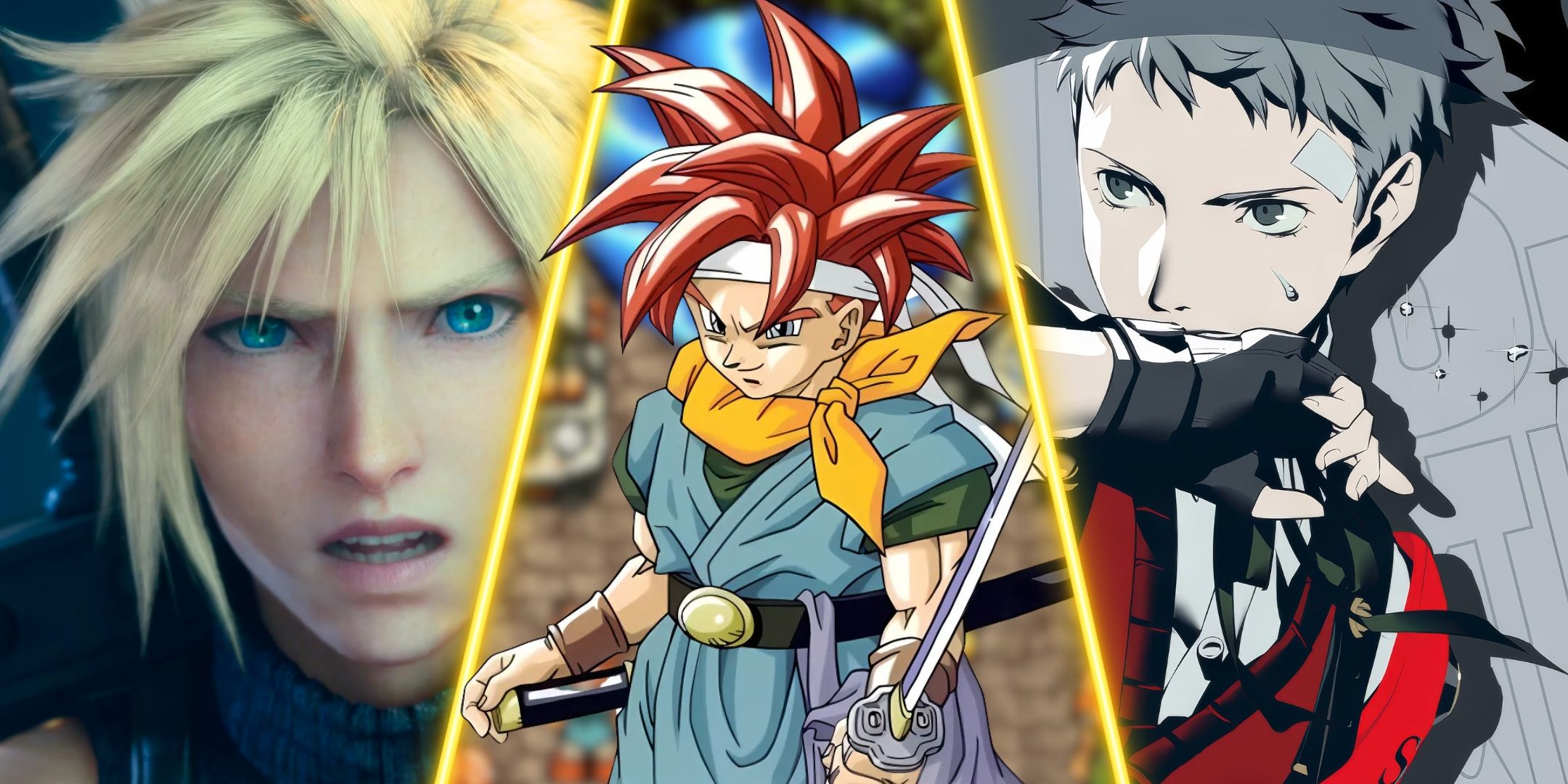 A split image with Cloud from Final Fantasy VII, Chrono from Chrono Trigger, and Akihiko Sanada from Persona 3