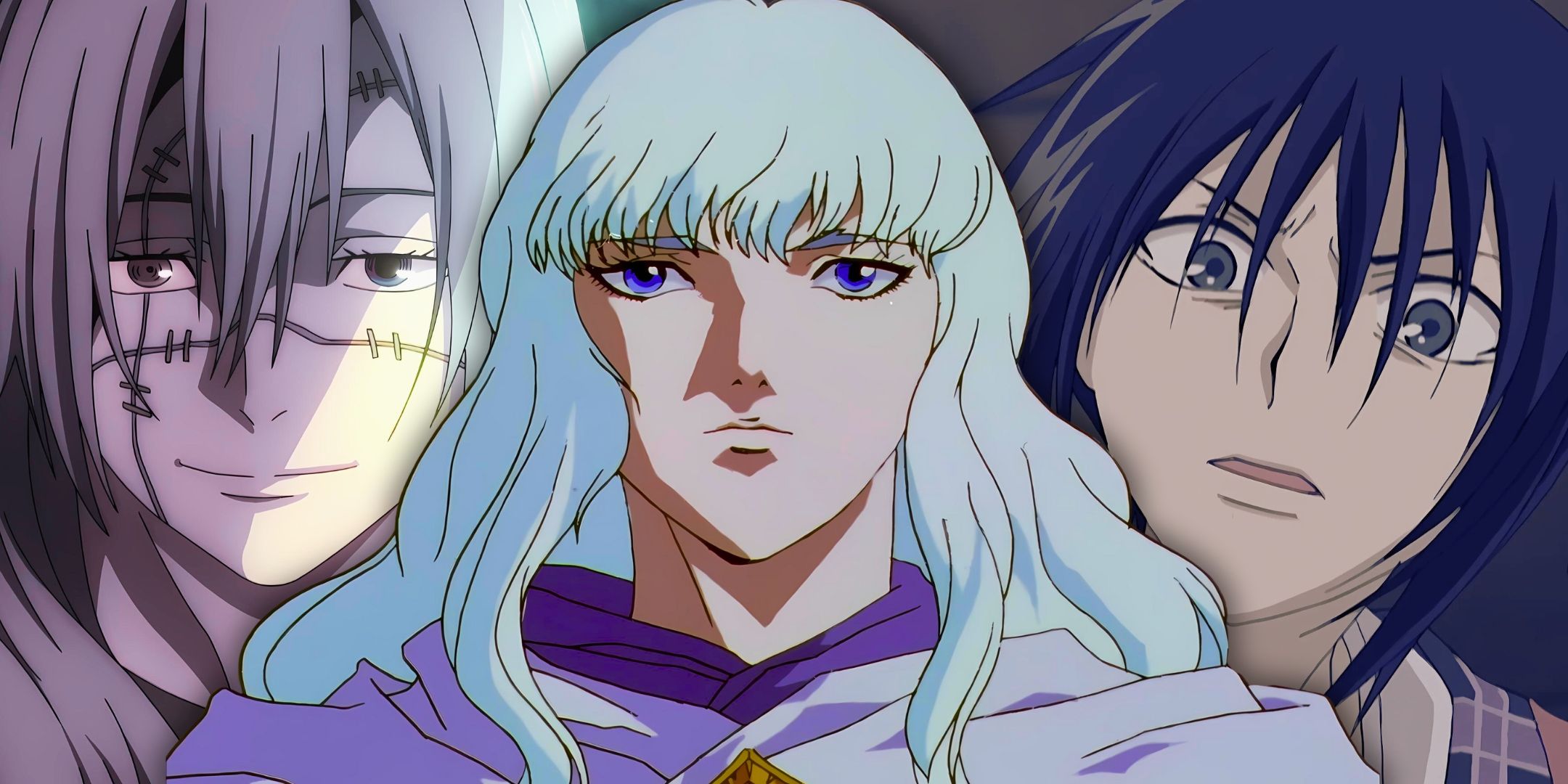 An image divided with Griffith de Berserk, Mahito de Jujutsu Kaisen and Akito Sohma of Fruits Basket