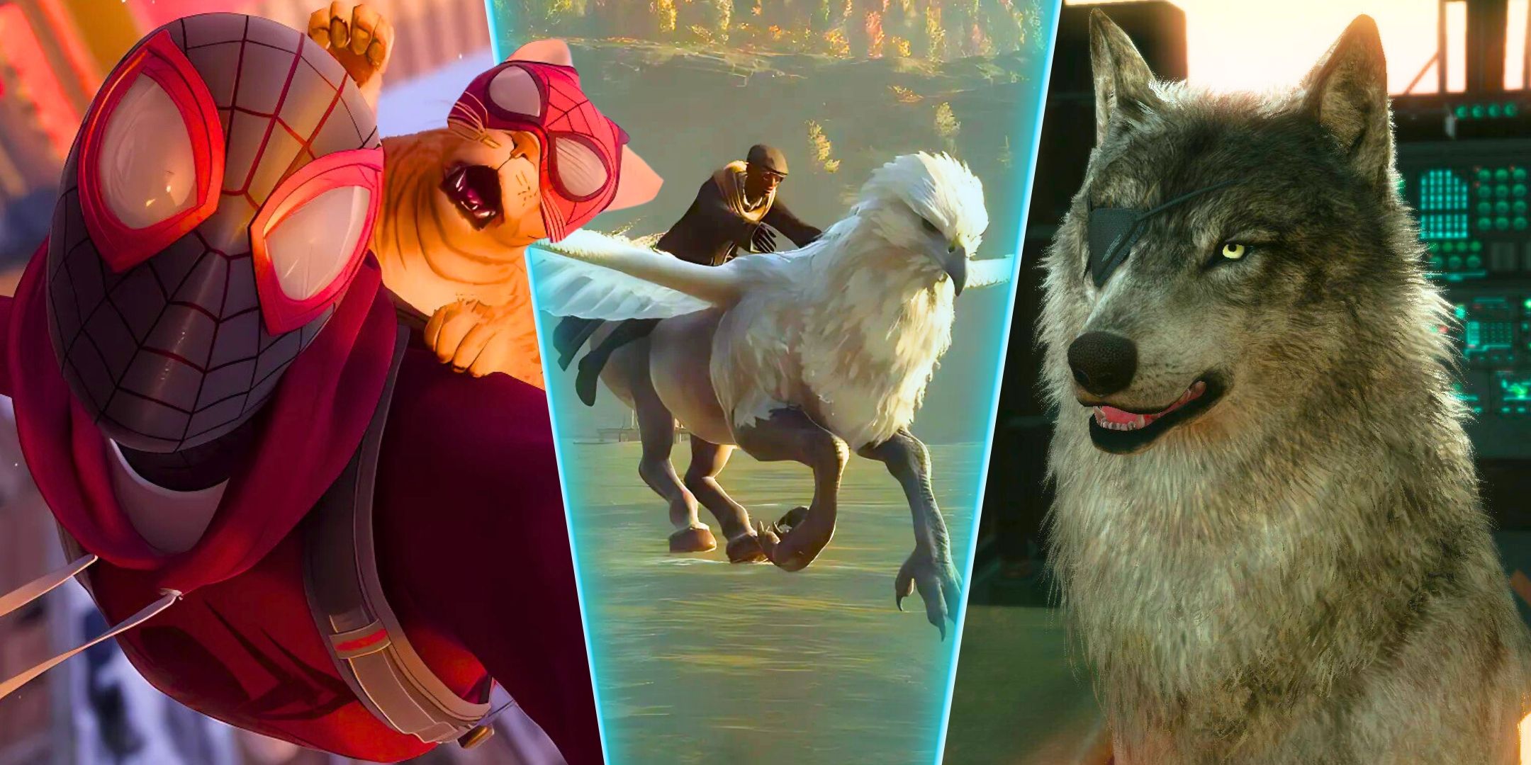 A split image with D-Dog from Metal Gear Solid V, the player riding a griffin in Hogwarts Legacy, Miles with the bodega cat in Spider-Man: Miles Morales, with Hogwarts Legacy in the center