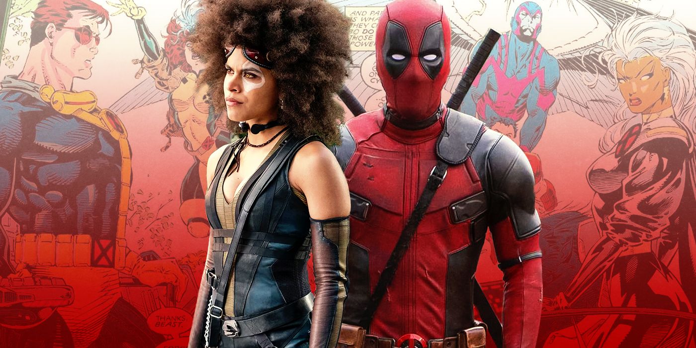 Domino and Deadpool images of Deadpool 2 with images of X-Men comic panels from the 90s in the background