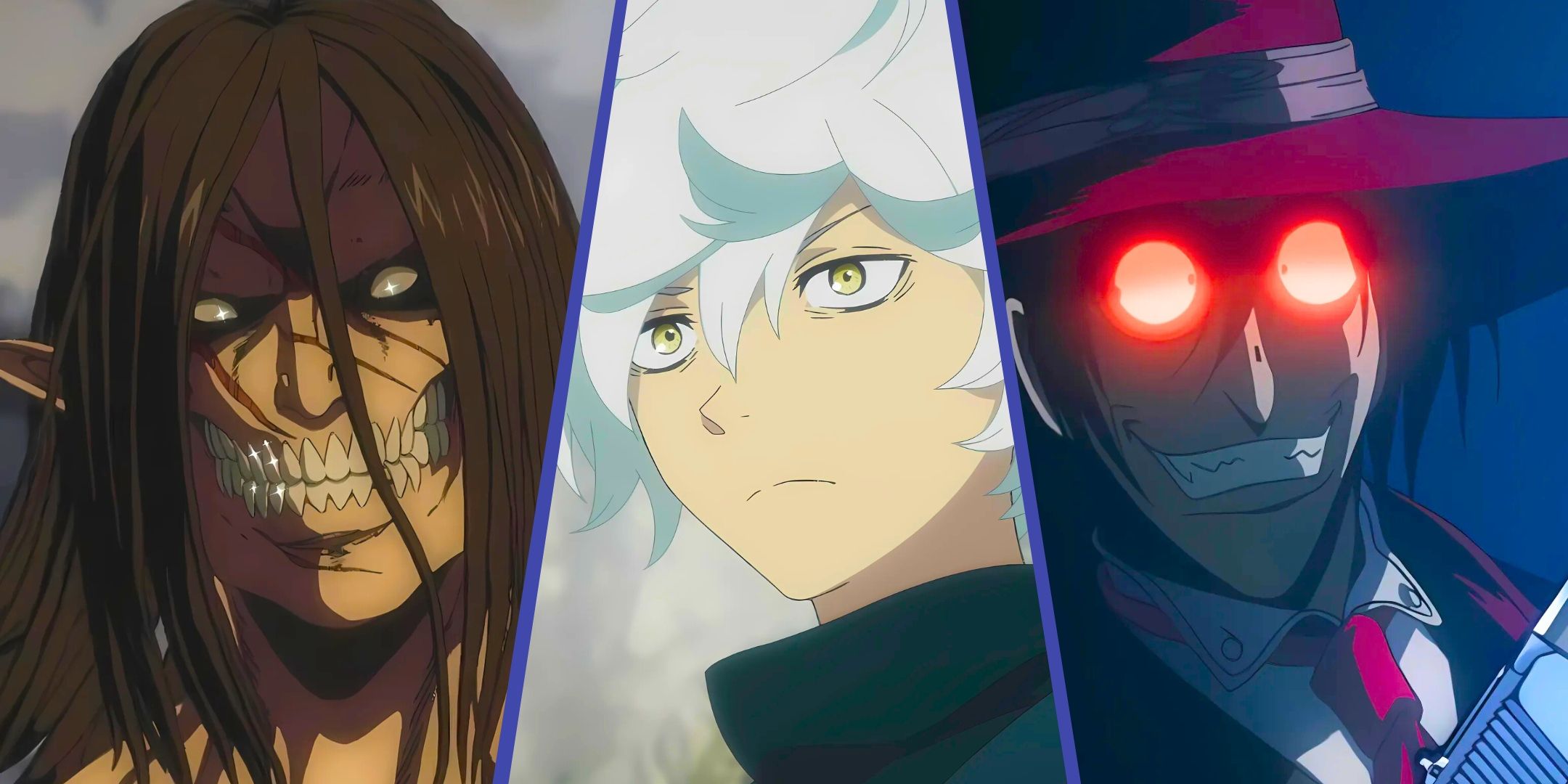 A split image of Eren's Attack Titan, Gabimaru from Hell's paradise, Alucard the vampire from Hellsing ultimate