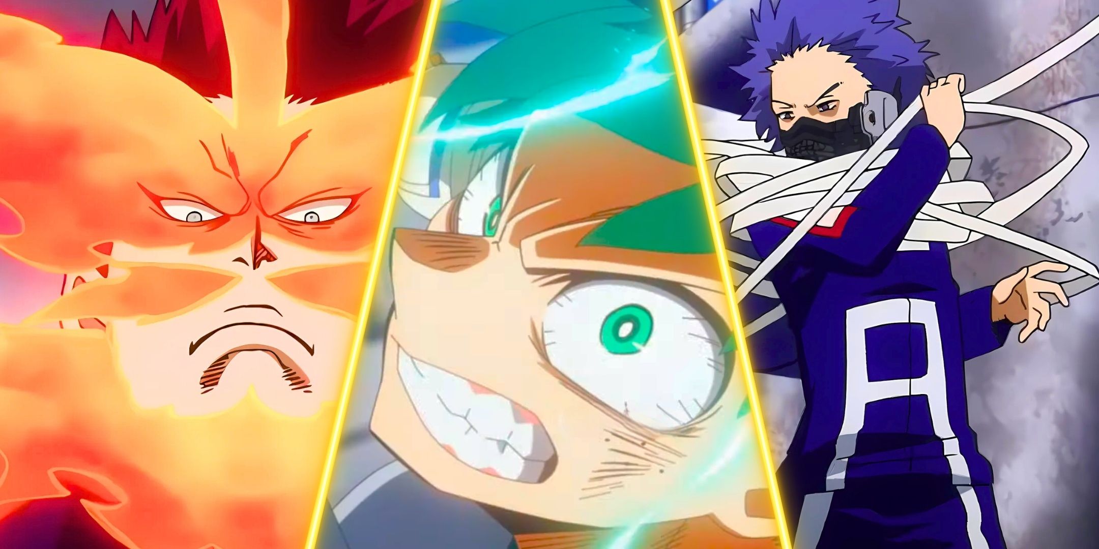 A split image featuring Deku, Endeavor and Hitoshi Shinso from My hero Academia