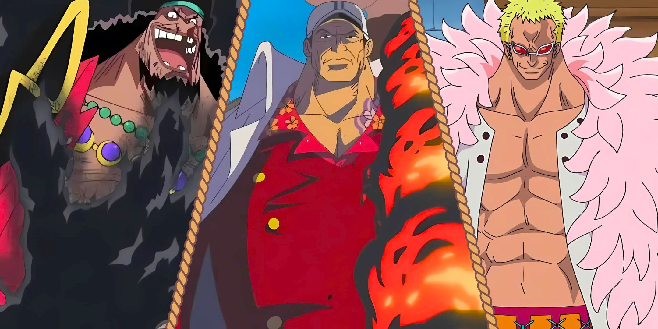 A divided image of Blackbeard, Sakazuki and Doflamingo of One Piece