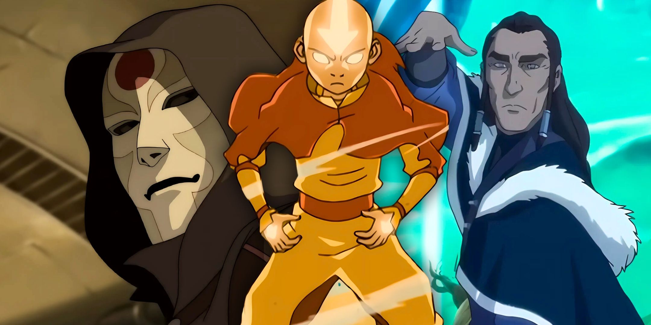 A collage with Amon and Unalaq of the legend of Korra and Aanf of Avatar: The Last Airbender